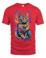 Psychedelic Rainbow Cat Art Graphic T-Shirt - red t-shirt on white background