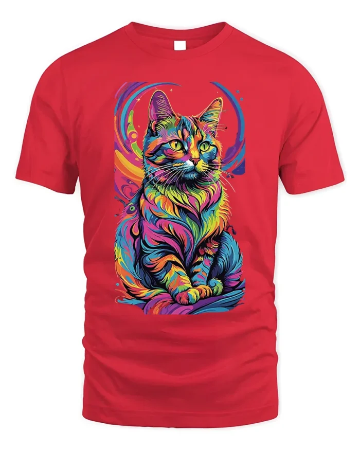 Psychedelic Rainbow Cat Art Graphic T-Shirt - red t-shirt on white background