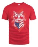 Patriotic American Flag Cat Graphic T-Shirt - red t-shirt on white background
