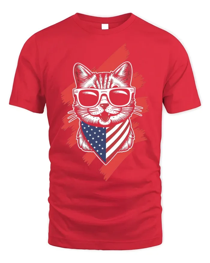Patriotic American Flag Cat Graphic T-Shirt - red t-shirt on white background