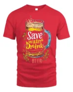 Save Water Drink Beer Funny Graphic T-Shirt - red t-shirt on white background