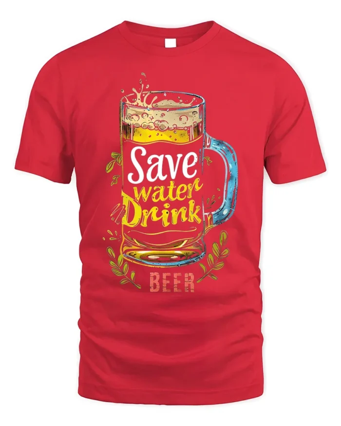 Save Water Drink Beer Funny Graphic T-Shirt - red t-shirt on white background