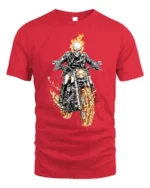 Flaming Skull Rider Motorcycle Graphic T-Shirt - red t-shirt on white background