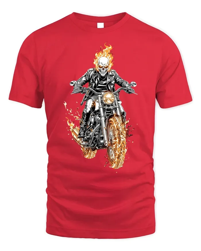 Flaming Skull Rider Motorcycle Graphic T-Shirt - red t-shirt on white background