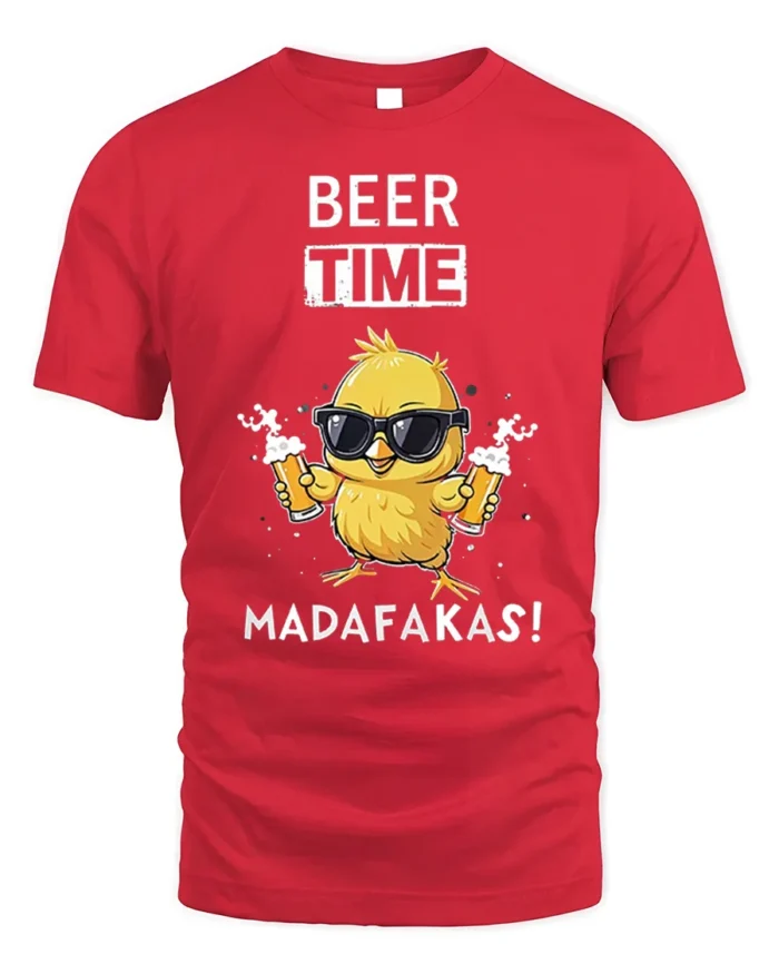 Beer Time Funny Chick Drinking Graphic T-Shirt - red t-shirt on white background