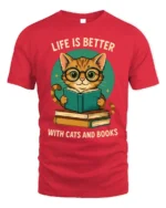 Life Is Better With Cats And Books T-Shirt - red t-shirt on white background