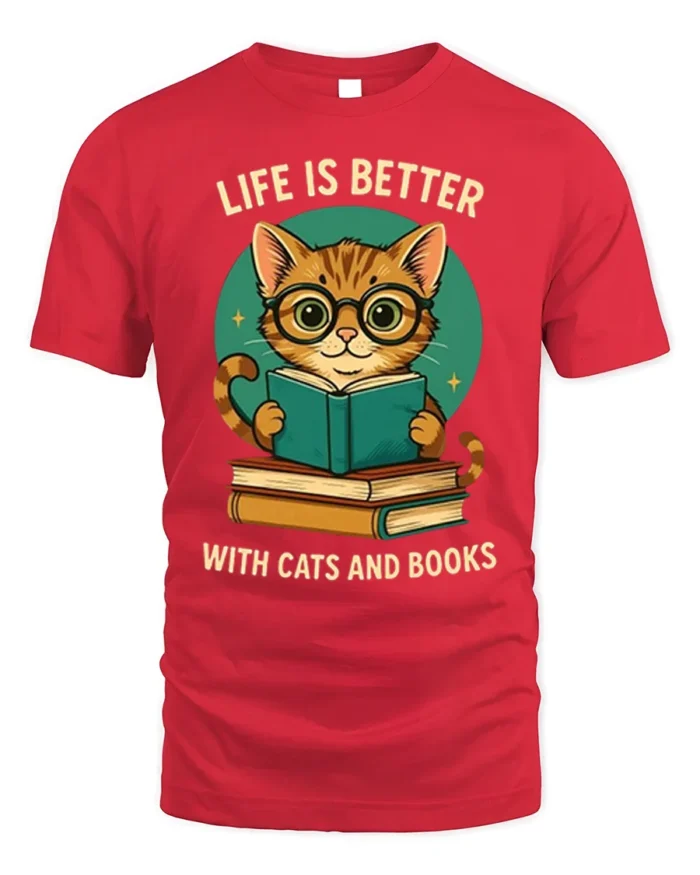 Life Is Better With Cats And Books T-Shirt - red t-shirt on white background
