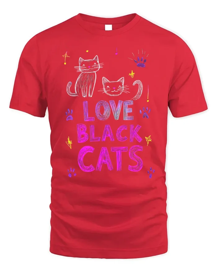 Love Black Cats Cute Feline Graphic T-Shirt - red t-shirt on white background