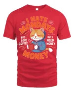 Funny Cat Coffee Monday Graphic T-Shirt - red t-shirt on white background