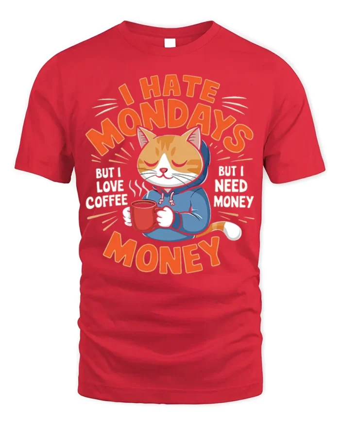 Funny Cat Coffee Monday Graphic T-Shirt - red t-shirt on white background