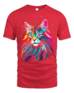 Psychedelic Colorful Cat Face Graphic T-Shirt - red t-shirt on white background