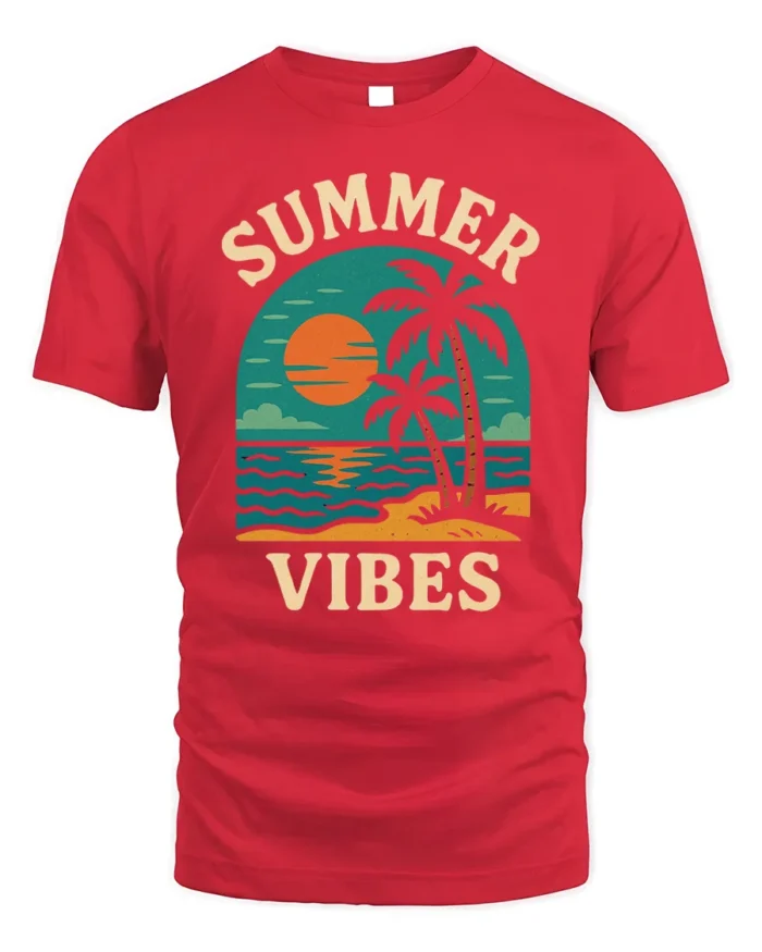 Retro Summer Vibes Sunset Beach Graphic T-Shirt - red t-shirt on white background