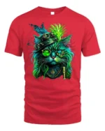 Steampunk Neon Cat Artistic Graphic T-Shirt - red t-shirt on white background