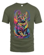 Psychedelic Rainbow Cat Art Graphic T-Shirt - military green t-shirt on white background