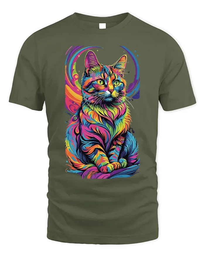 Psychedelic Rainbow Cat Art Graphic T-Shirt - military green t-shirt on white background