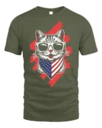 Patriotic American Flag Cat Graphic T-Shirt - military green t-shirt on white background
