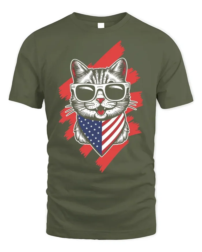 Patriotic American Flag Cat Graphic T-Shirt - military green t-shirt on white background