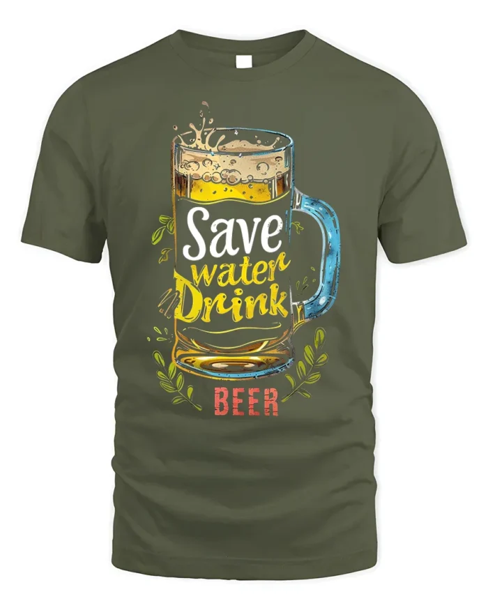 Save Water Drink Beer Funny Graphic T-Shirt - military green t-shirt on white background