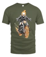Flaming Skull Rider Motorcycle Graphic T-Shirt - military green t-shirt on white background