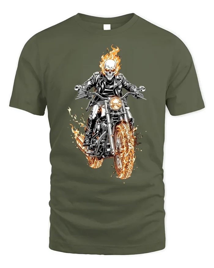 Flaming Skull Rider Motorcycle Graphic T-Shirt - military green t-shirt on white background