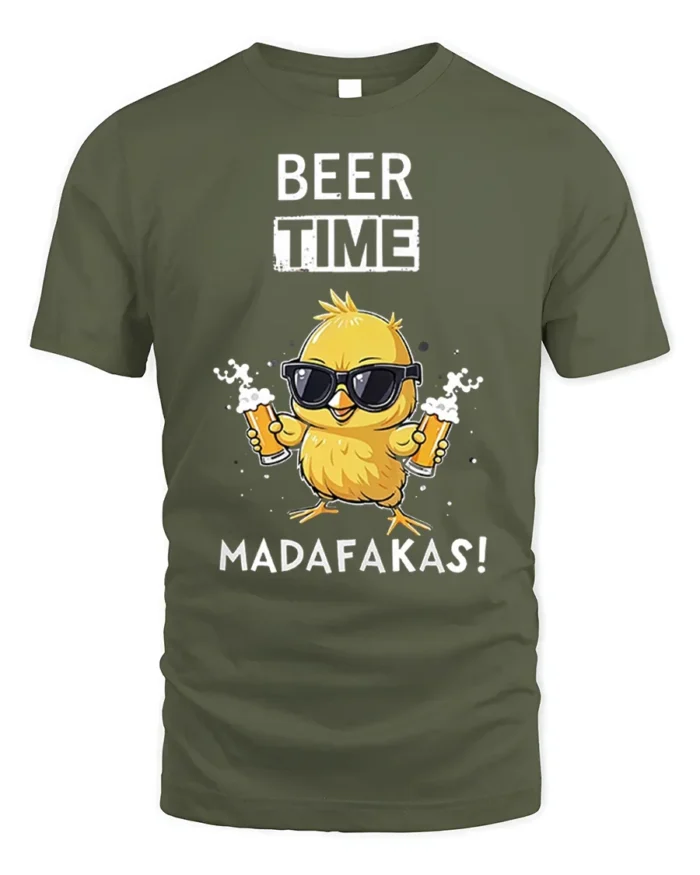 Beer Time Funny Chick Drinking Graphic T-Shirt - military green t-shirt on white background