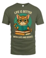 Life Is Better With Cats And Books T-Shirt - military green t-shirt on white background