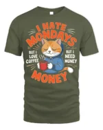 Funny Cat Coffee Monday Graphic T-Shirt - military green t-shirt on white background