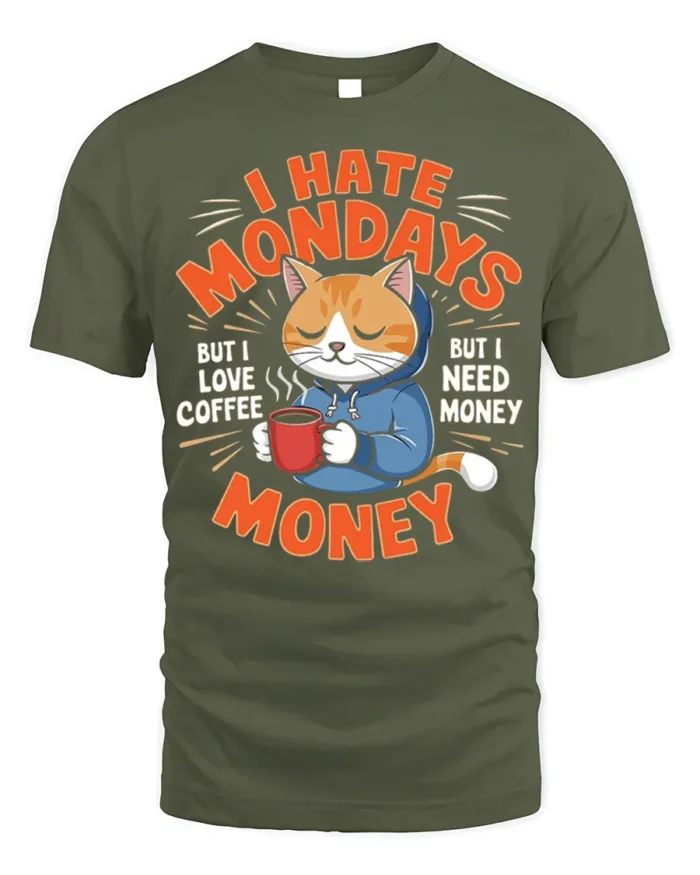 Funny Cat Coffee Monday Graphic T-Shirt - military green t-shirt on white background