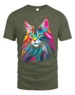 Psychedelic Colorful Cat Face Graphic T-Shirt - military green t-shirt on white background