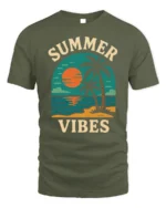 Retro Summer Vibes Sunset Beach Graphic T-Shirt - military green t-shirt on white background