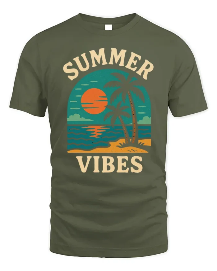 Retro Summer Vibes Sunset Beach Graphic T-Shirt - military green t-shirt on white background