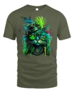 Steampunk Neon Cat Artistic Graphic T-Shirt - military green t-shirt on white background