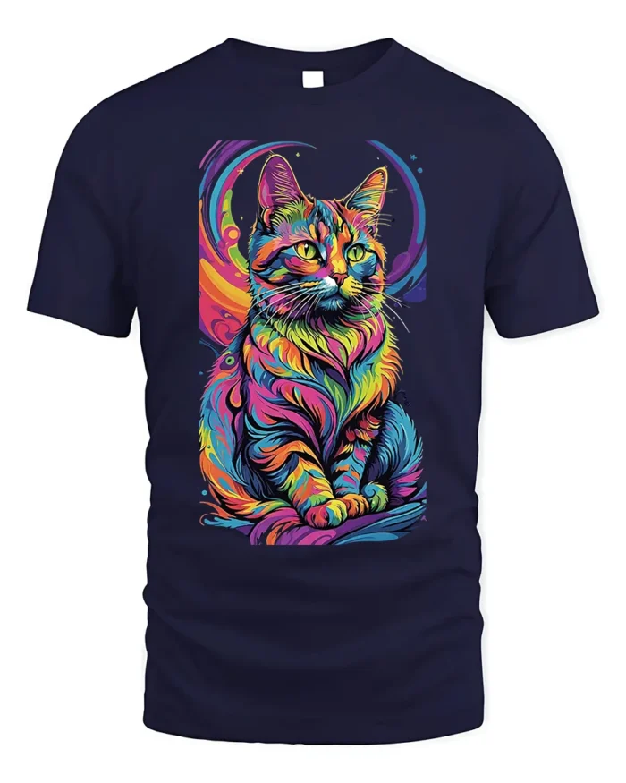 Psychedelic Rainbow Cat Art Graphic T-Shirt - navy t-shirt on white background