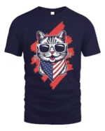Patriotic American Flag Cat Graphic T-Shirt - navy t-shirt on white background