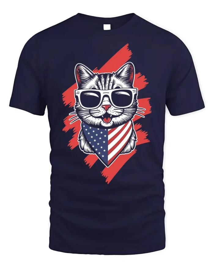 Patriotic American Flag Cat Graphic T-Shirt - navy t-shirt on white background