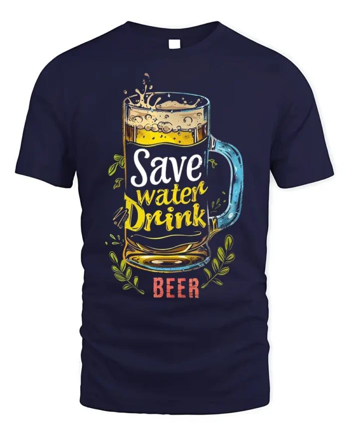 Save Water Drink Beer Funny Graphic T-Shirt - navy t-shirt on white background