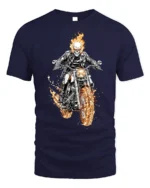 Flaming Skull Rider Motorcycle Graphic T-Shirt - navy t-shirt on white background