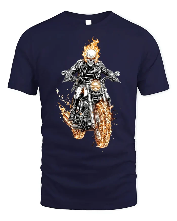 Flaming Skull Rider Motorcycle Graphic T-Shirt - navy t-shirt on white background