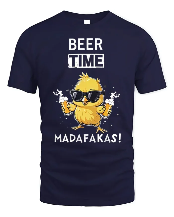 Beer Time Funny Chick Drinking Graphic T-Shirt - navy t-shirt on white background