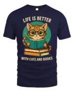 Life Is Better With Cats And Books T-Shirt - navy t-shirt on white background