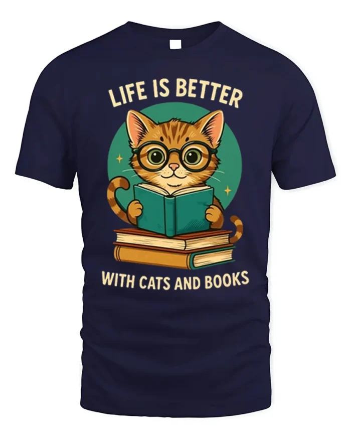 Life Is Better With Cats And Books T-Shirt - navy t-shirt on white background