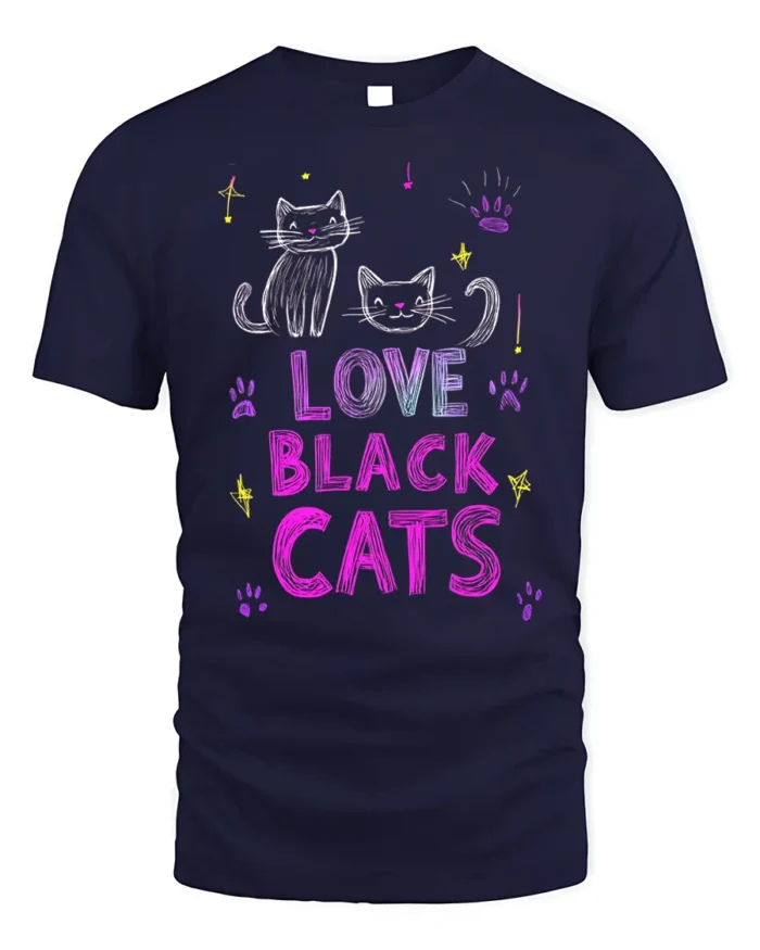 Love Black Cats Cute Feline Graphic T-Shirt - navy t-shirt on white background