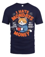 Funny Cat Coffee Monday Graphic T-Shirt - navy t-shirt on white background
