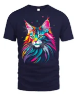 Psychedelic Colorful Cat Face Graphic T-Shirt - navy t-shirt on white background