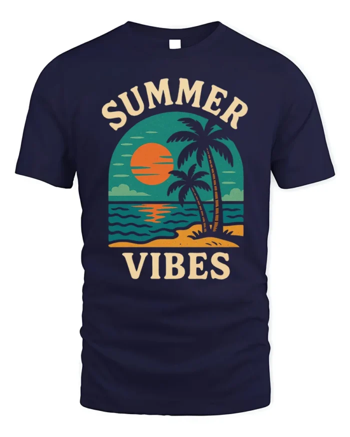 Retro Summer Vibes Sunset Beach Graphic T-Shirt - navy t-shirt on white background
