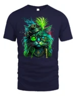 Steampunk Neon Cat Artistic Graphic T-Shirt - navy t-shirt on white background