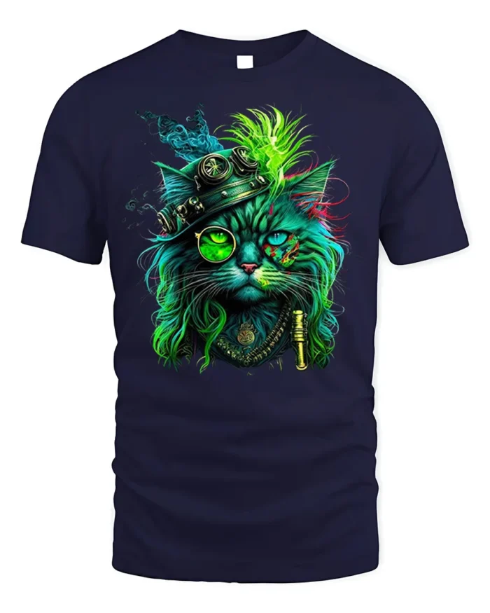 Steampunk Neon Cat Artistic Graphic T-Shirt - navy t-shirt on white background