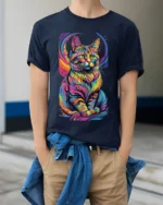 Psychedelic Rainbow Cat Art Graphic T-Shirt - model wearing navy shirt, hands in pockets