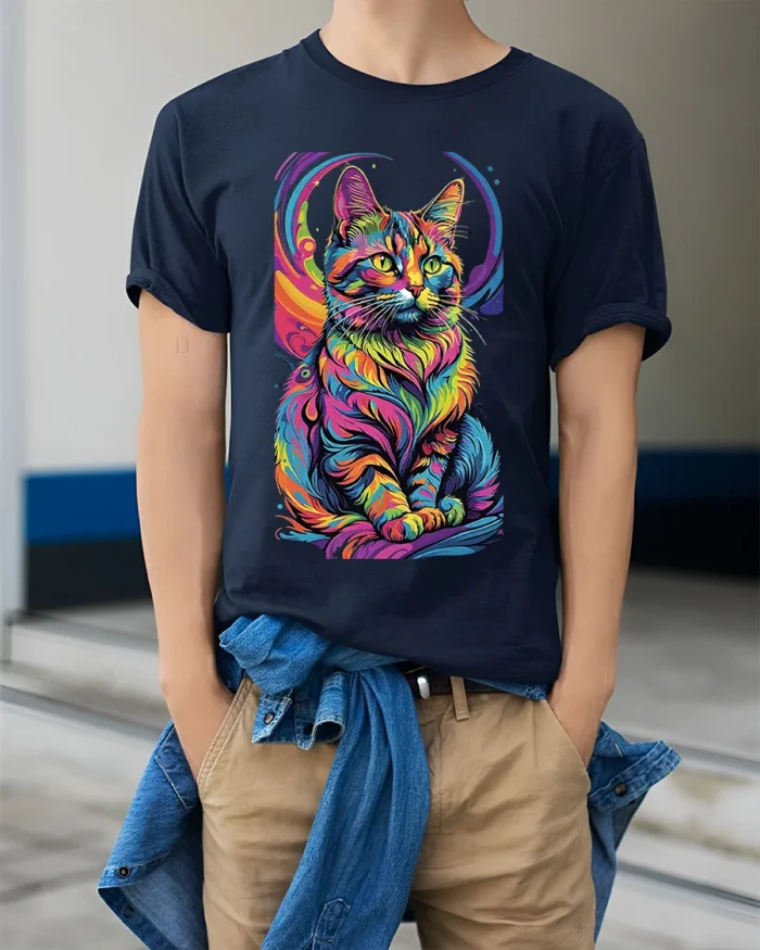 Psychedelic Rainbow Cat Art Graphic T-Shirt - model wearing navy shirt, hands in pockets