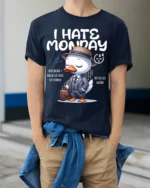 Funny Duck I Hate Monday Work Graphic T-Shirt - model wearing navy shirt, hands in pockets